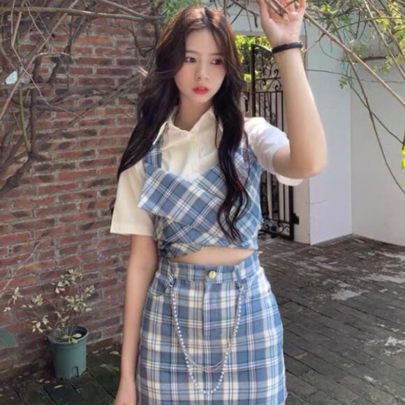 Kpop somi korean style plaid blouse skirt 3 pcs set - Picture 2 of 3